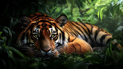 Resting tiger lies in lush jungle shade with watchful eyes