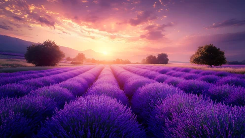 Sunset light pours across endless purple lavender rows