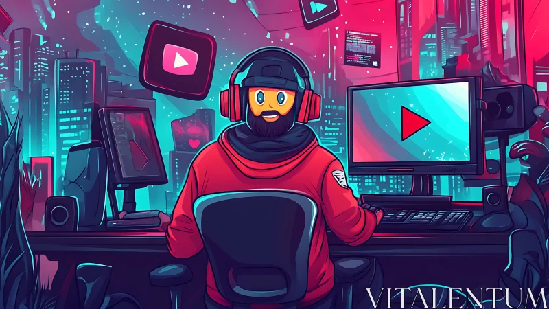 Streamer at neon workstation controls cyber-noir video hub