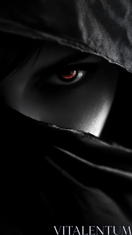 Hooded shadow reveals a single glowing crimson eye.
