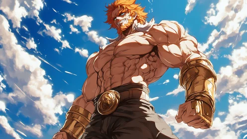 Sky-scorching lion warrior strides beneath roaring clouds.