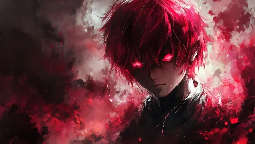 Red-haired figure with glowing eyes stands in abstract haze