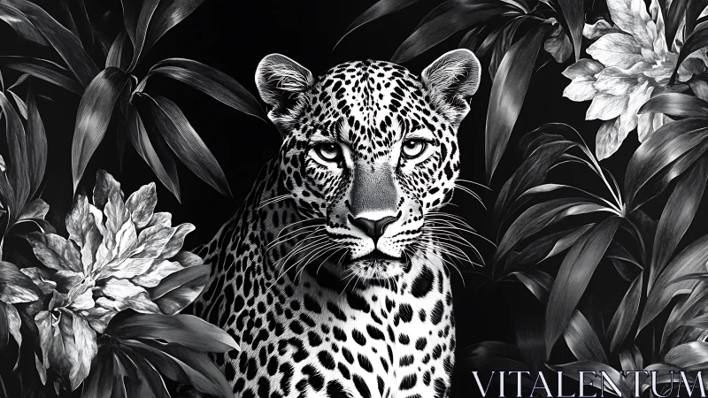 Monochrome leopard portrait in dense botanical surround, digital.