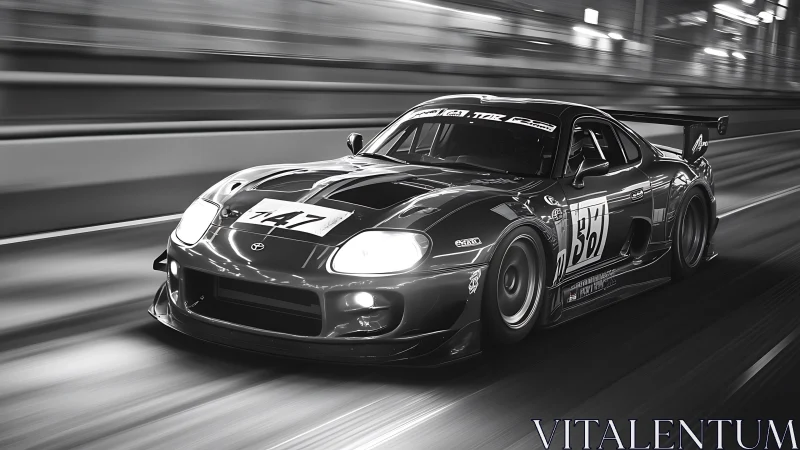 Monochrome racing coupe cuts through illuminated city tunnel.