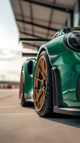 Low-angled view captures a green track car poised for speed