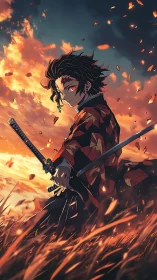 Young swordsman stands in burning field under orange sky