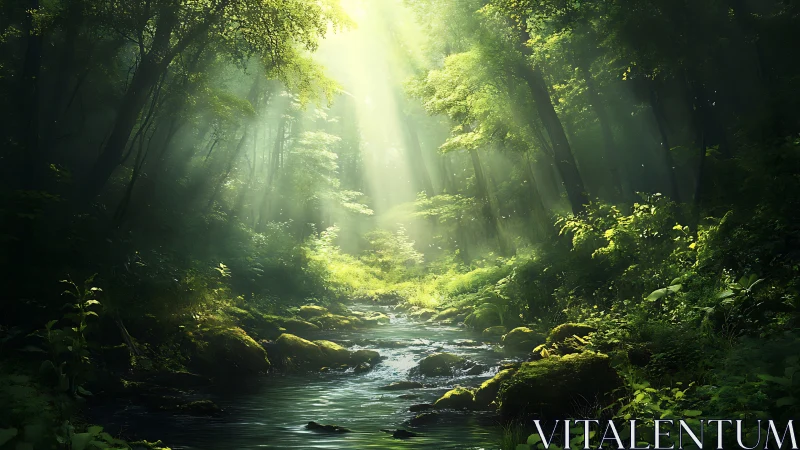 Enchanted Forest Stream with Radiant Sunlight Piercing Through Verdant Canopy