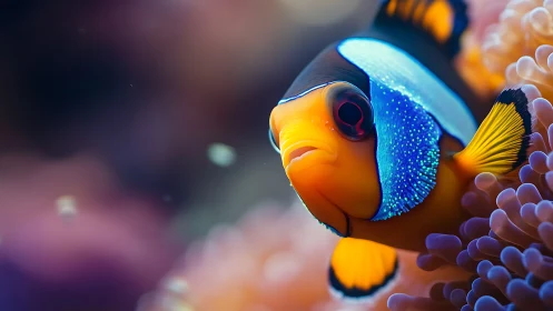 Neon clownfish diplomat gliding through pastel coral crowns.