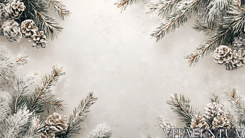 Snow-dusted pine branches framing neutral winter background