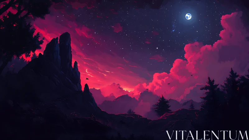 Crimson nebula sunset illuminates silhouetted mountain range