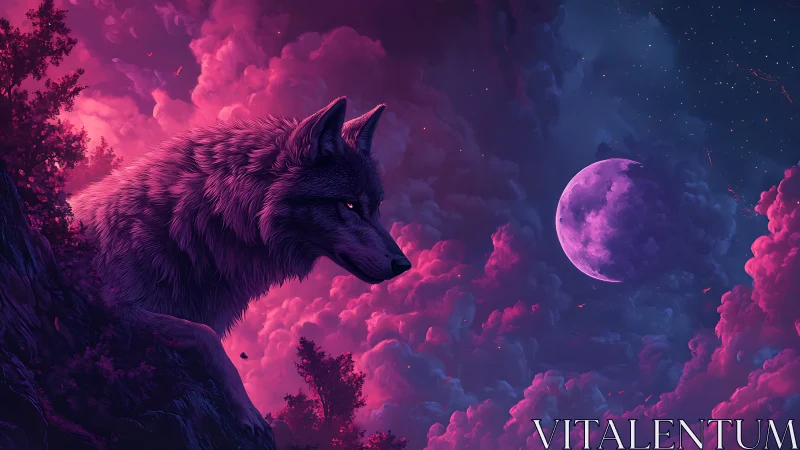 Wolf overlooks luminous pink clouds under distant moon
