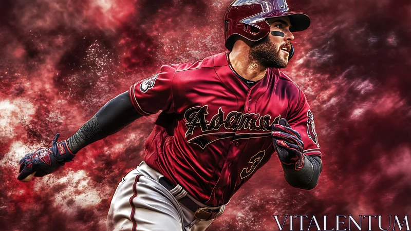 Dynamic baseball player sprints forward through red energy clouds.