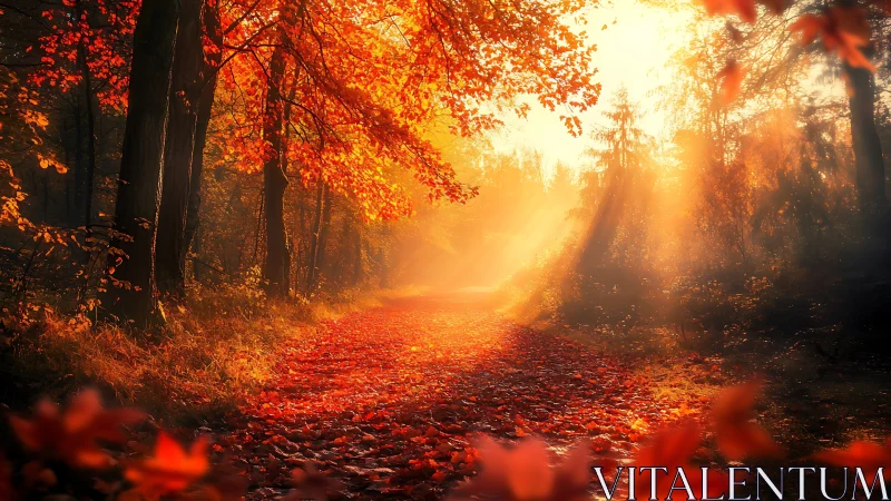 Sunlit autumn forest path glows through drifting orange leaves