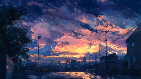 Urban street view with sunset sky over distant cityscape.