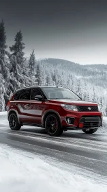 Photorealistic red SUV on icy alpine highway in winter light.