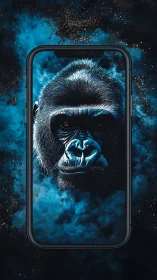 Cyberpunk gorilla portrait framed in smartphone display.