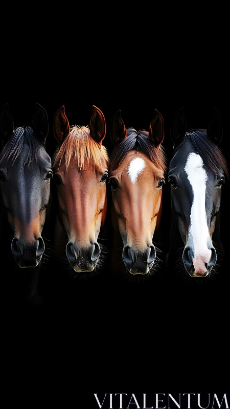 Four horse portraits with dramatic low key studio lighting.