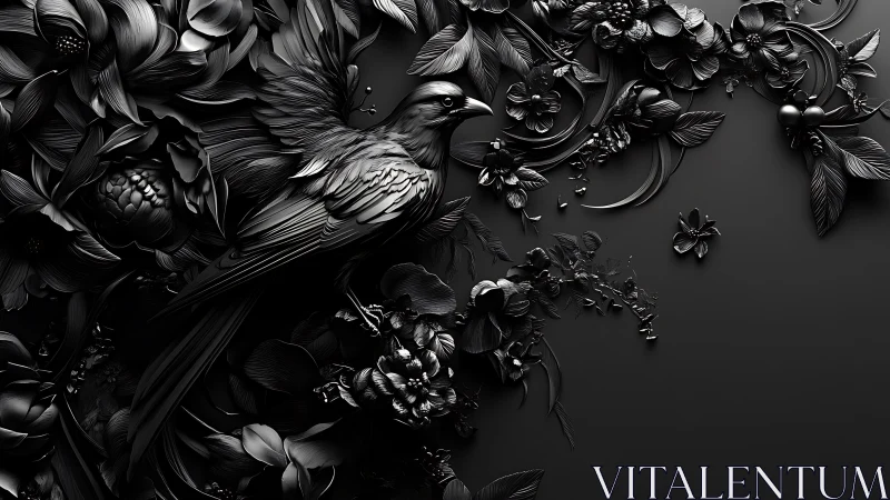 Midnight bird blooms in sculpted monochrome garden hush.