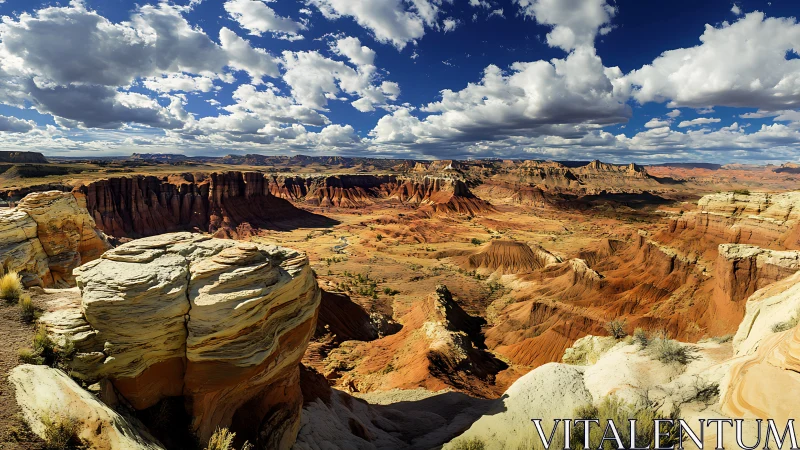 Sunlit sandstone cliffs above vast desert canyon panorama.