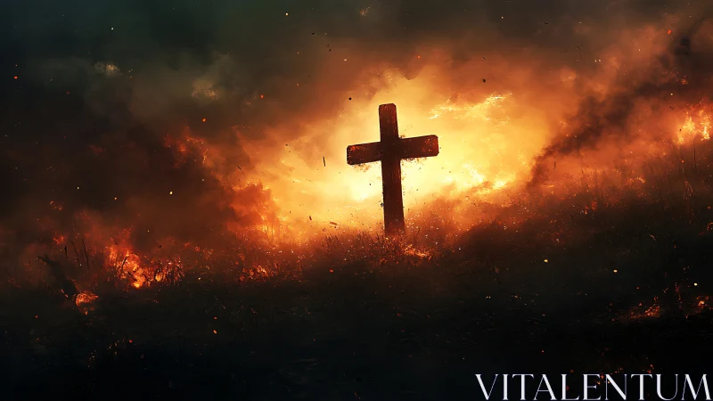 Wooden cross stands against raging fire and dark smoke.