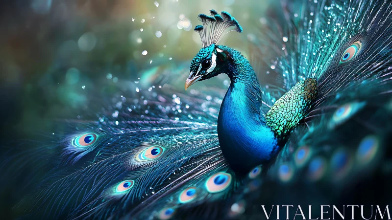 Digital rendering of peacock with extended iridescent tail plumage.