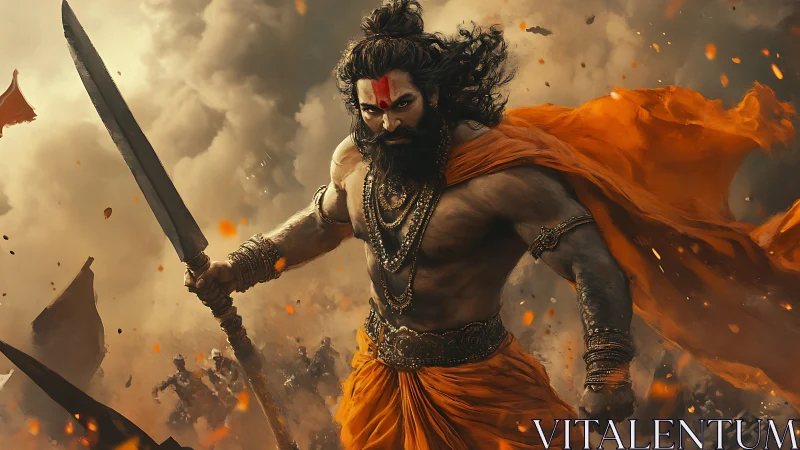 Storm-lit warrior strides through embers with molten resolve