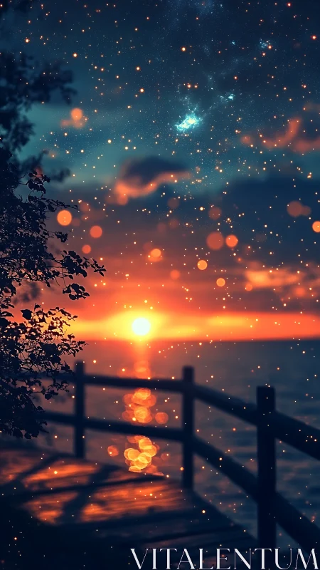 Sunset pier scene with glowing bokeh and starry sky