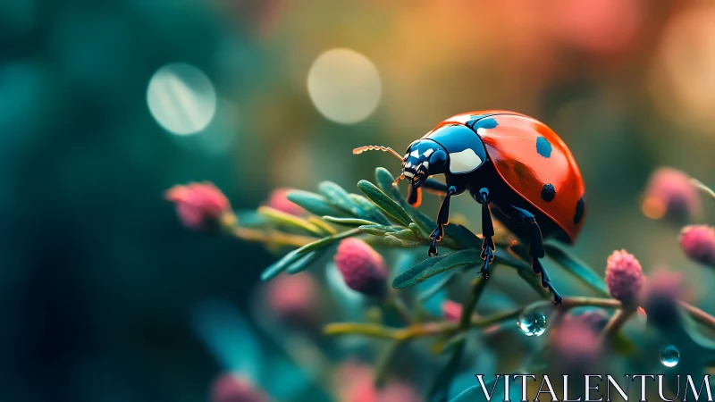 Macro ladybug on dewy foliage with shallow depth of field