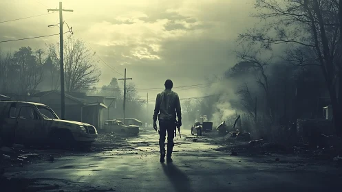 Lone figure on deserted street in foggy ruined neighborhood.