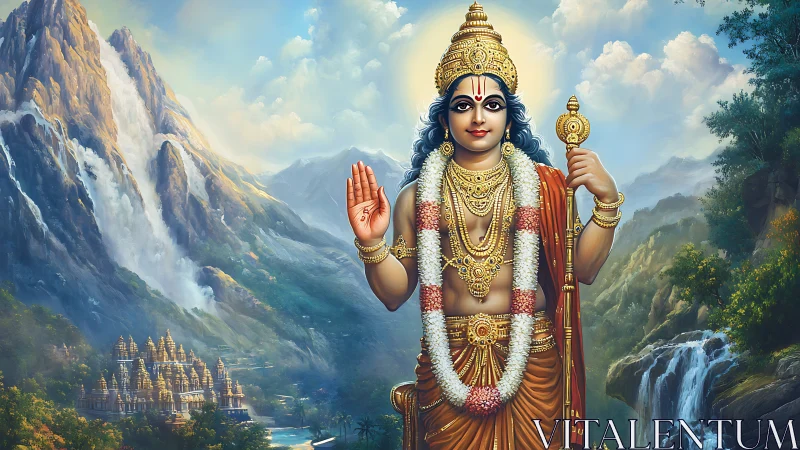 Hindu deity with staff before waterfalls and mountain temple.