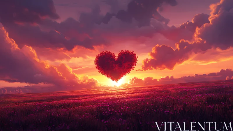 Heart-shaped floral formation above field at sunset.