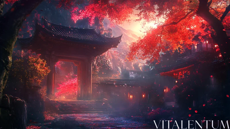 Crimson autumn shrine gate in misty mountain valley at dusk.