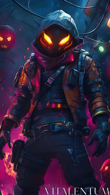 Neon-hooded vigilante in glowing pumpkin cyber alley.