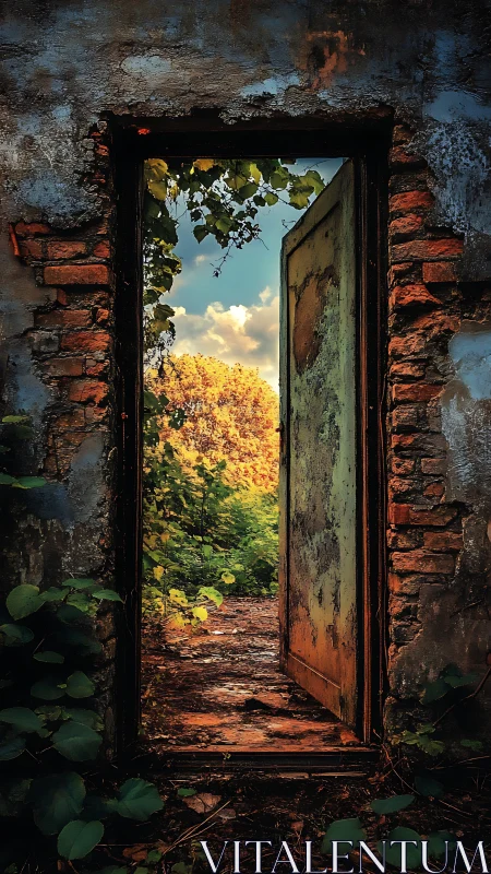Rust-bitten doorway spilling into wild autumn light portal.