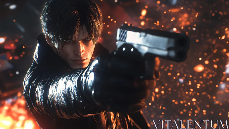 Cinematic close-up of armed character framed by fiery bokeh