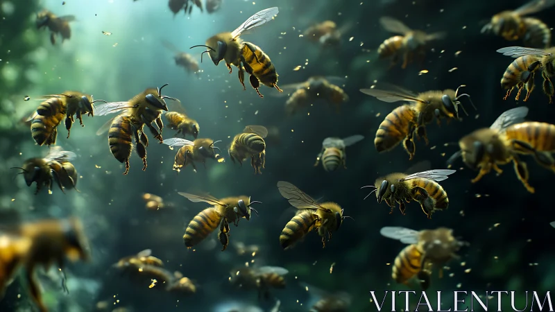 Busy forest bees dancing through drifting sunbeams.