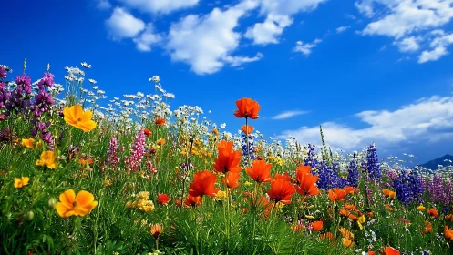 Vibrant wildflower meadow blooming under brilliant blue sky