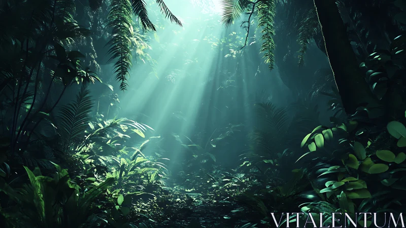 Photorealistic tropical forest with God rays through dense canopy.