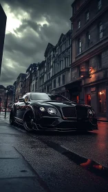 Low-angle luxury coupe dramatized by moody urban lighting