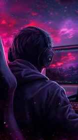 Gamer wearing headphones faces ultrawide monitor in neon glow