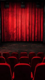 Empty theater with red curtain and aligned red seats.
