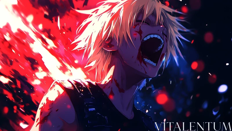 Bloodied blond fighter screams amid explosive red light
