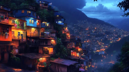 Hillside favela at night with dense glowing city lights.