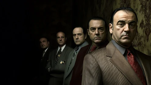 Mob enforcers line corridor under moody chiaroscuro lighting.