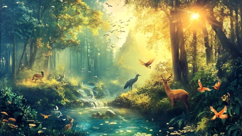 Sunlit forest stream shelters wildlife in radiant harmony.