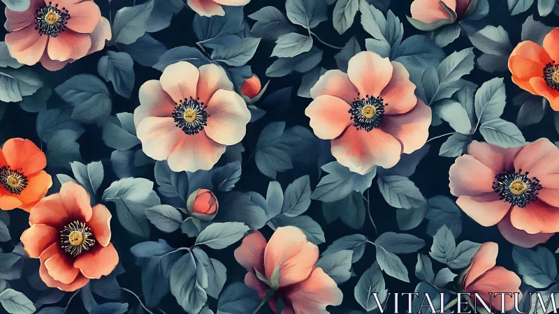 Floral composition with anemones and layered foliage on dark background.