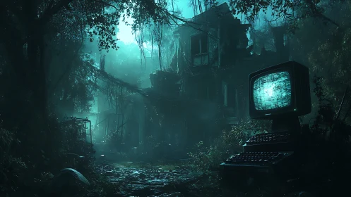 Old computer monitor glows in overgrown abandoned ruins