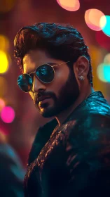 Cinematic neon portrait of bearded man in reflective jacket