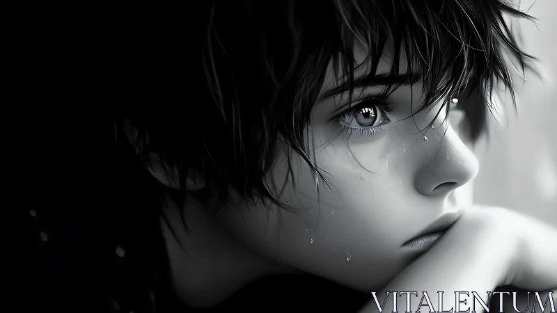 Softly lit anime portrait of quiet tears and reflection.