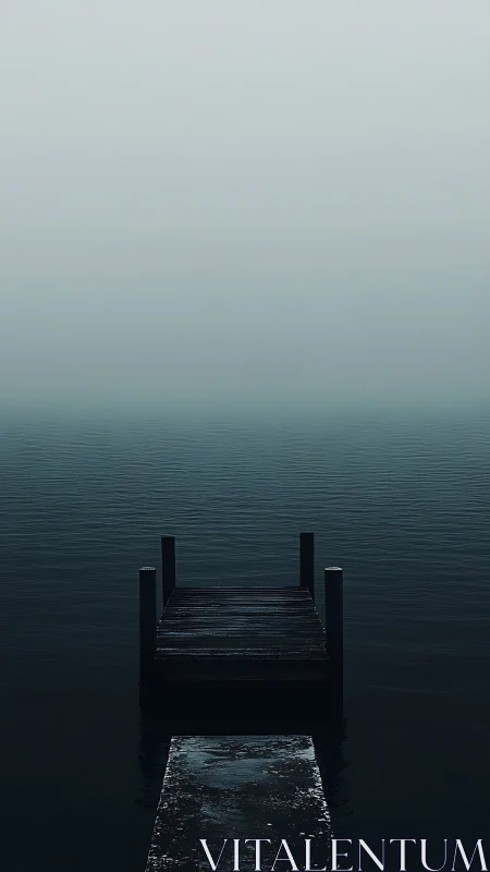 Silent wooden pier dissolves into mist over still water